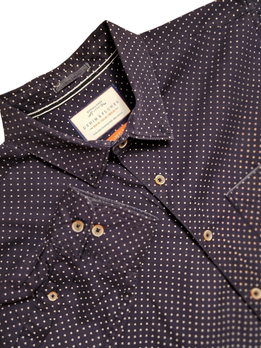 Denim & Flower Medium Navy Button-Down Dress Shirt White Micro-Dot Office Oxford